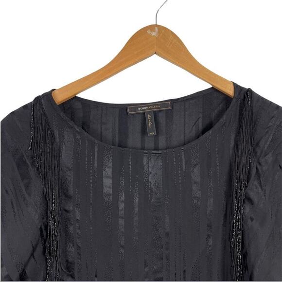 BCBGMAXAZRIA Black Silk Ruffle Blouse Top Beaded Fringe with Shinny Stripes XXS - Picture 3 of 16